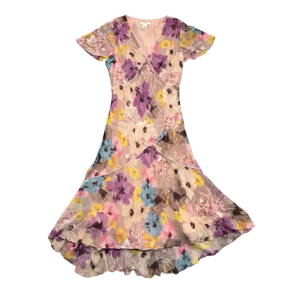 Sundance 100% Silk Chiffon Dress Flutter Sleeve V Neck Floral Whimsy Fairy Sz 4 - Picture 1 of 10
